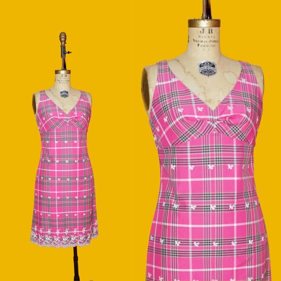 Y2K ALLEN B SCHWARTZ Pink Checkered Dress W/Scalloped Hem & Eyelet Detail. S-M - Picture 1 of 10